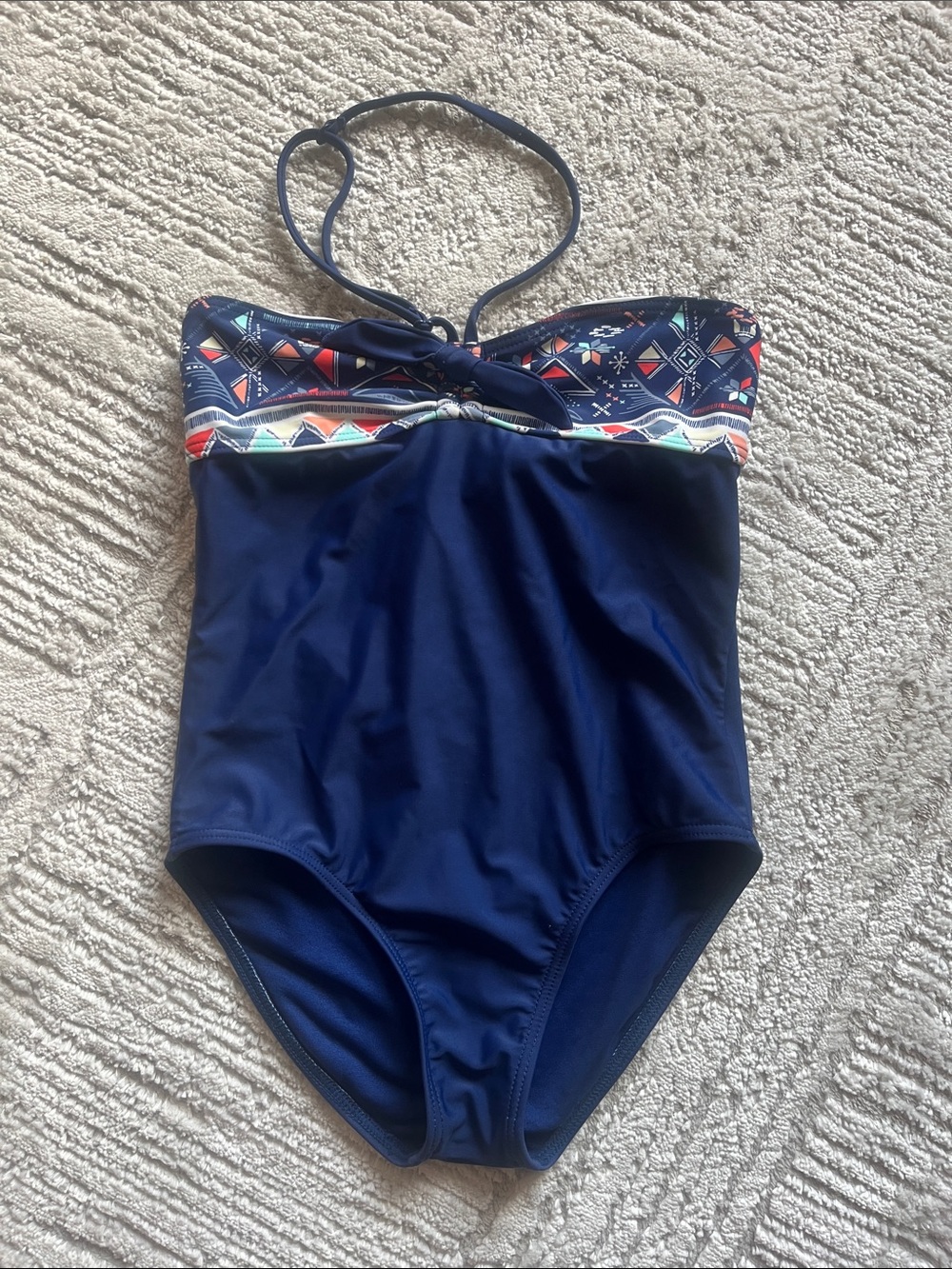 Roxy Girl | Navy One-Piece Halter Swimsuit with Aztec Trim, 12